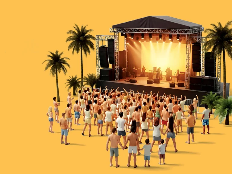 Escenario de concierto con público en un ambiente tropical