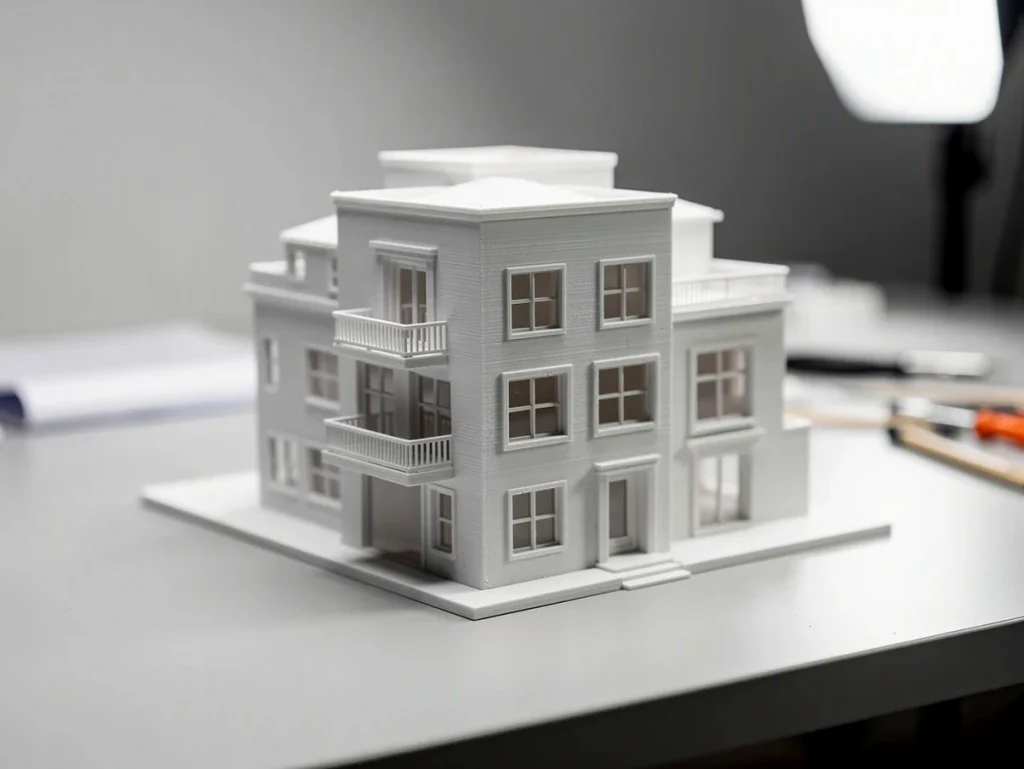 Maqueta de edificio en un entorno de trabajo