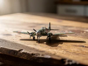 Modelo de avión de guerra sobre una mesa de madera