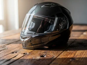 Casco de moto negro sobre una mesa de madera iluminada