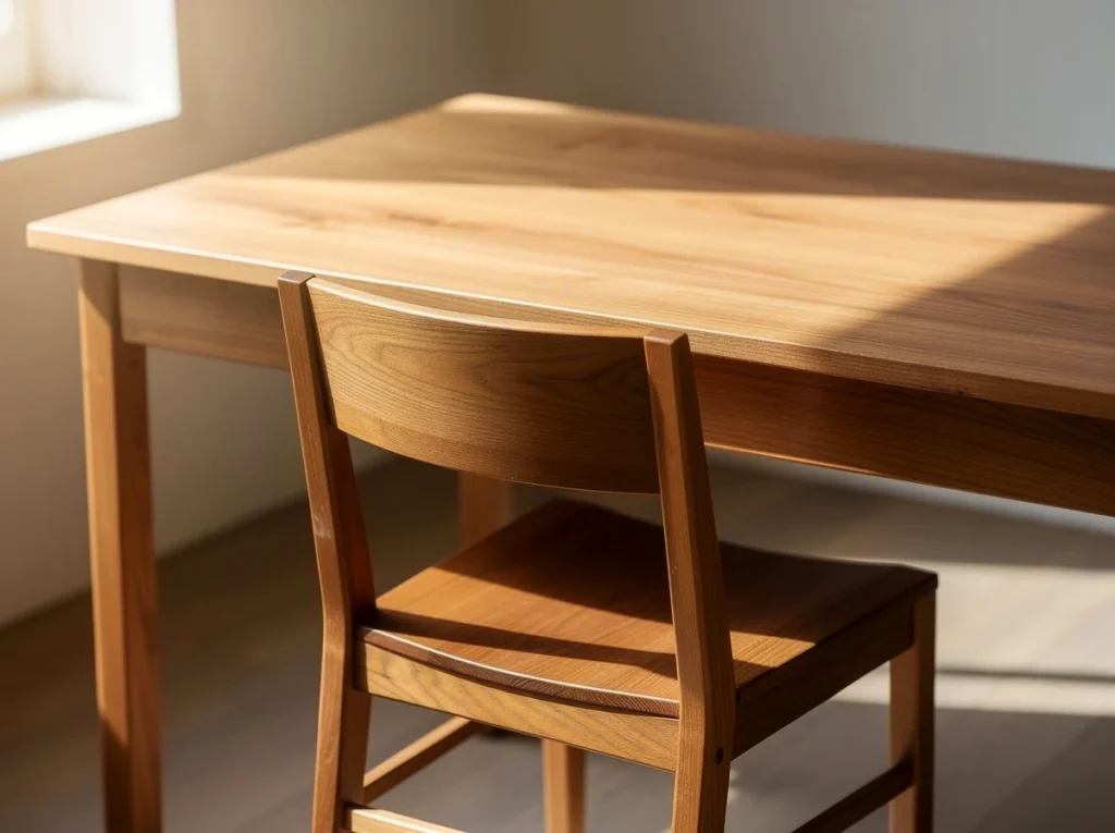 Mesa de madera clara con una silla vacía iluminada por la luz