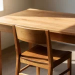 Mesa de madera clara con una silla vacía iluminada por la luz