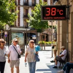 Personas caminando por la calle con 38 ºC en un cartel