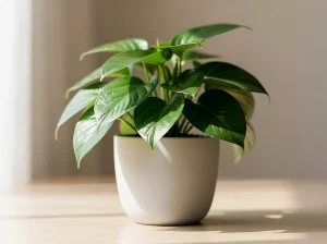 Planta verde en maceta blanca sobre una mesa clara