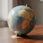 Globo terráqueo sobre una mesa de madera, mostrando continentes