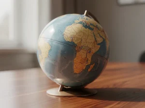 Globo terráqueo sobre una mesa de madera, mostrando continentes