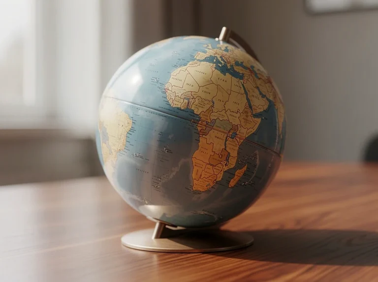Globo terráqueo sobre una mesa de madera, mostrando continentes