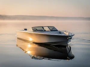 Embarcación eléctrica navegando en aguas tranquilas al amanecer