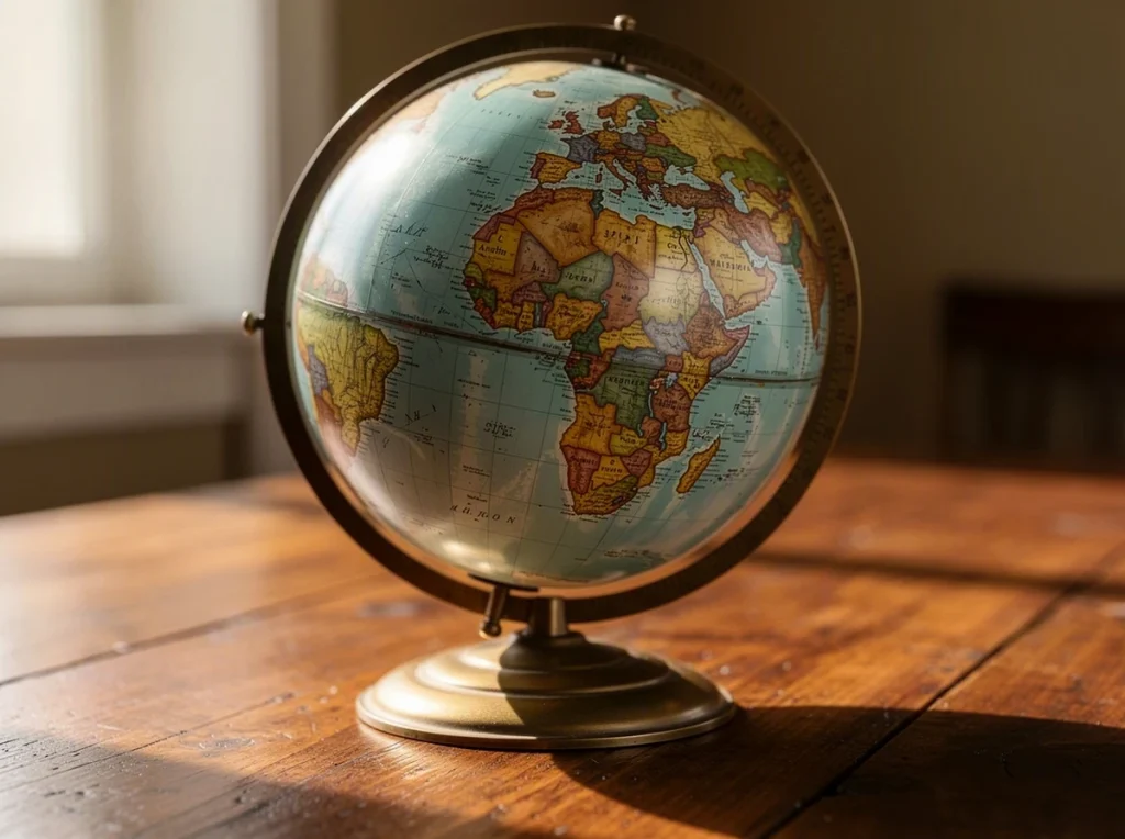 Globo terráqueo sobre una mesa de madera iluminada