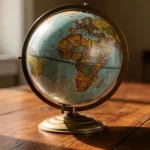Globo terráqueo sobre una mesa de madera iluminada