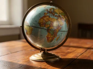 Globo terráqueo sobre una mesa de madera iluminada