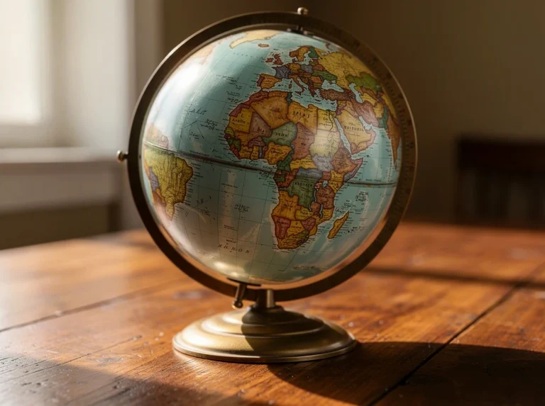 Globo terráqueo sobre una mesa de madera iluminada