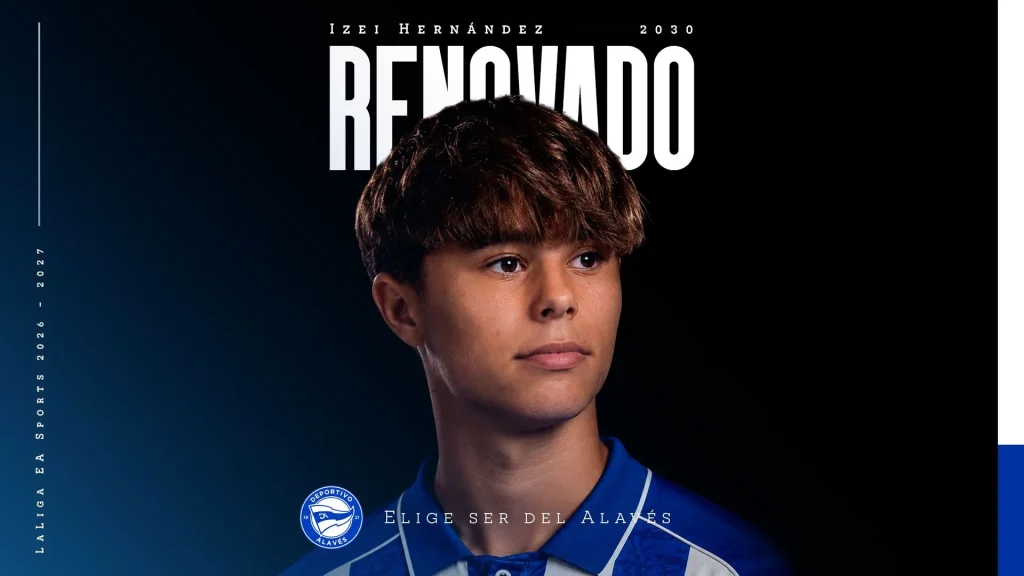 Izei Hernández, joven delantero del Deportivo Alavés, con fondo oscuro.