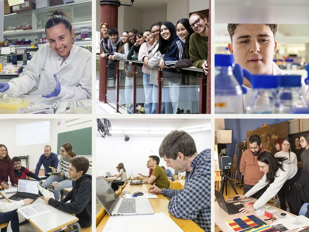 Estudiantes en laboratorio, aula y actividades grupales.