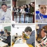 Estudiantes en laboratorio, aula y actividades grupales.