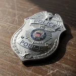Placa de policía con emblema y detalles en plata