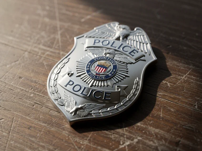 Placa de policía con emblema y detalles en plata