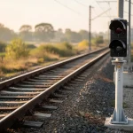 Señal de tráfico ferroviario junto a las vías del tren