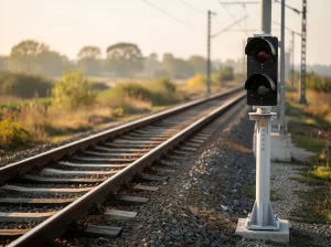 Señal de tráfico ferroviario junto a las vías del tren