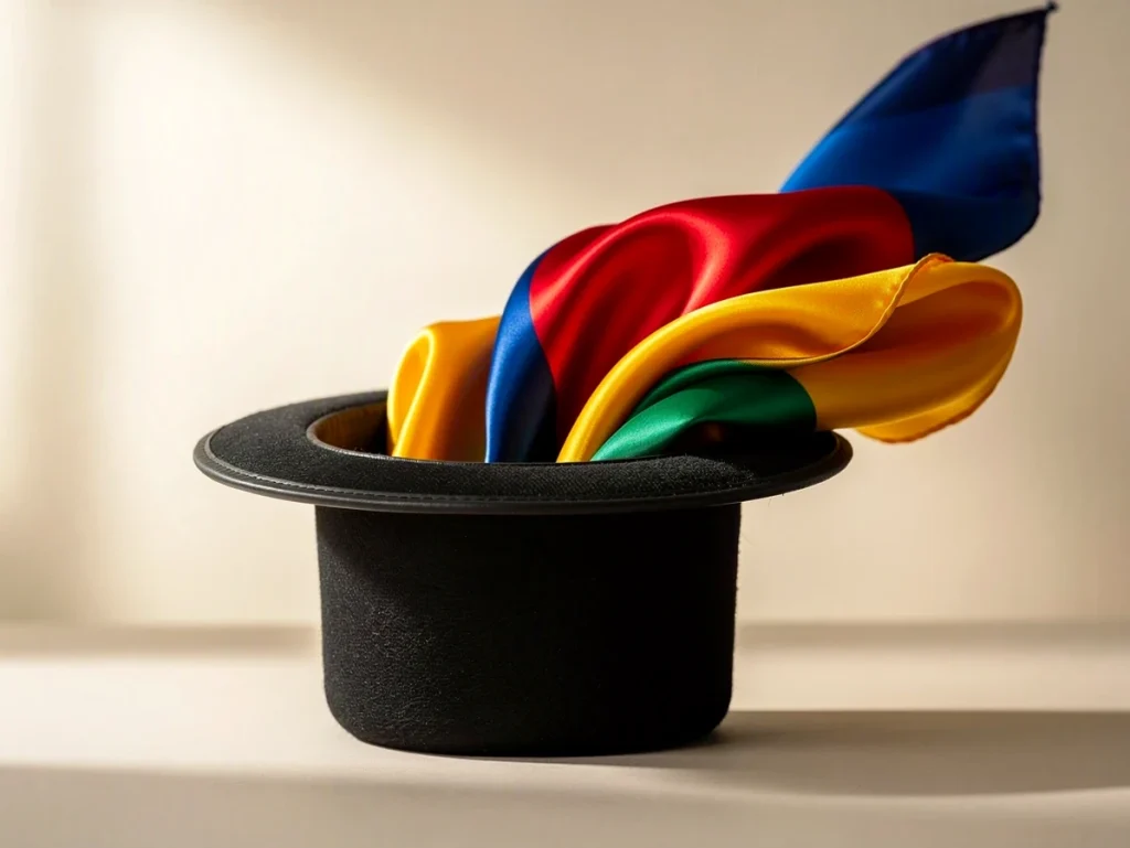 Sombrero de mago con pañuelos de colores saliendo de él