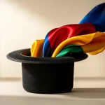 Sombrero de mago con pañuelos de colores saliendo de él