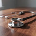 Estetoscopio sobre una mesa de madera en un entorno médico