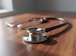 Estetoscopio sobre una mesa de madera en un entorno médico