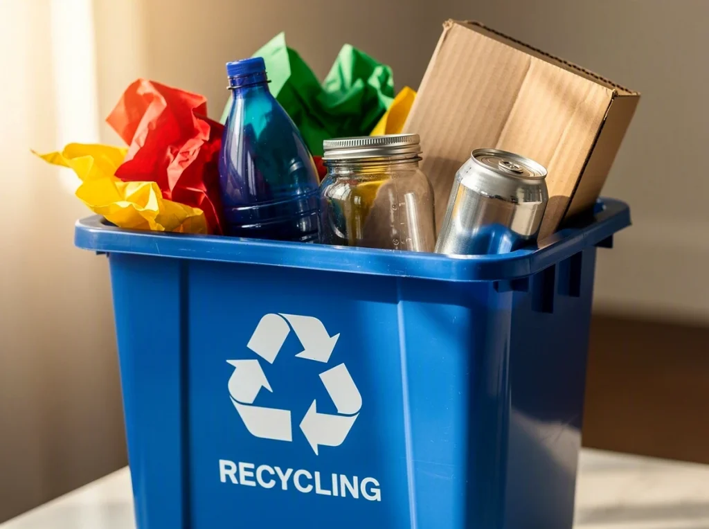 Contenedor azul de reciclaje con residuos variados