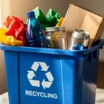 Contenedor azul de reciclaje con residuos variados
