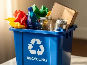 Contenedor azul de reciclaje con residuos variados