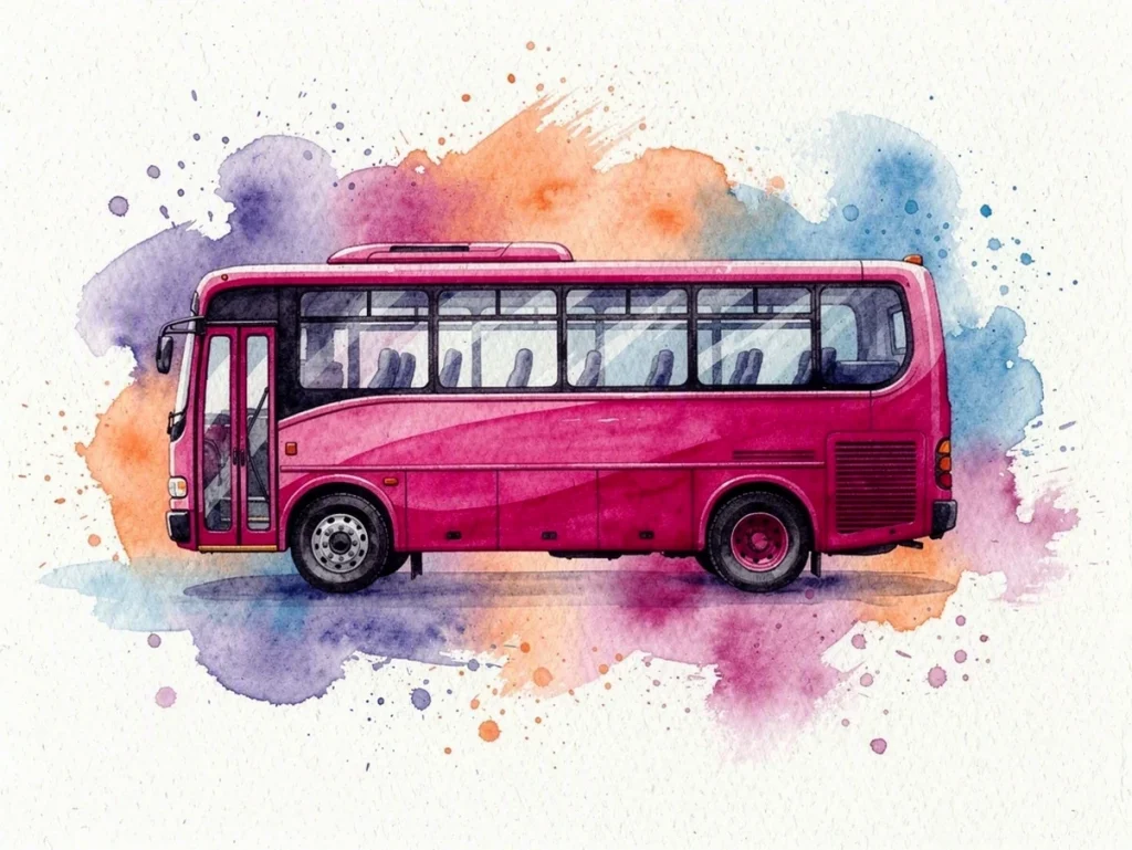 Ilustración de un autobús rojo sobre fondo acuarelado