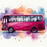 Ilustración de un autobús rojo sobre fondo acuarelado