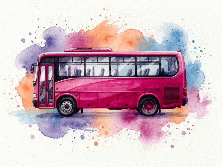 Ilustración de un autobús rojo sobre fondo acuarelado