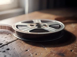 Carrete de película sobre una mesa de madera iluminada