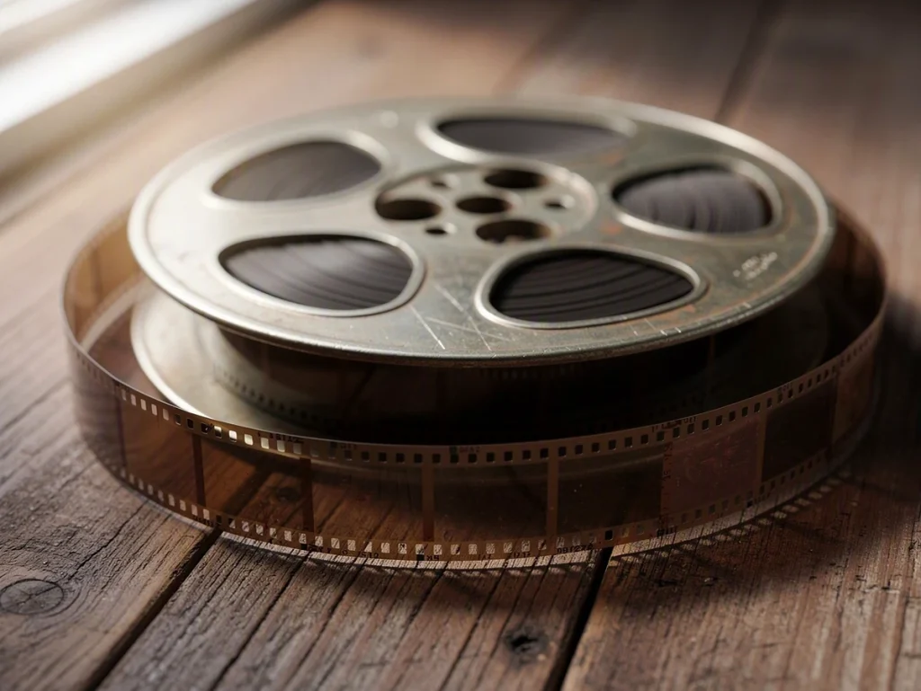 Carrete de película sobre una mesa de madera