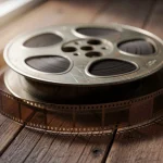 Carrete de película sobre una mesa de madera