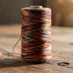 Hilo de colores en un carrete sobre una mesa de madera