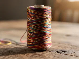 Hilo de colores en un carrete sobre una mesa de madera