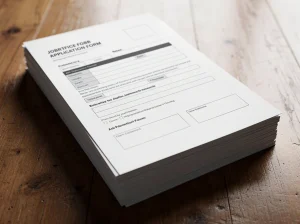 Pila de formularios de solicitud de empleo sobre una mesa de madera.