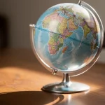 Globo terráqueo sobre una mesa de madera iluminada