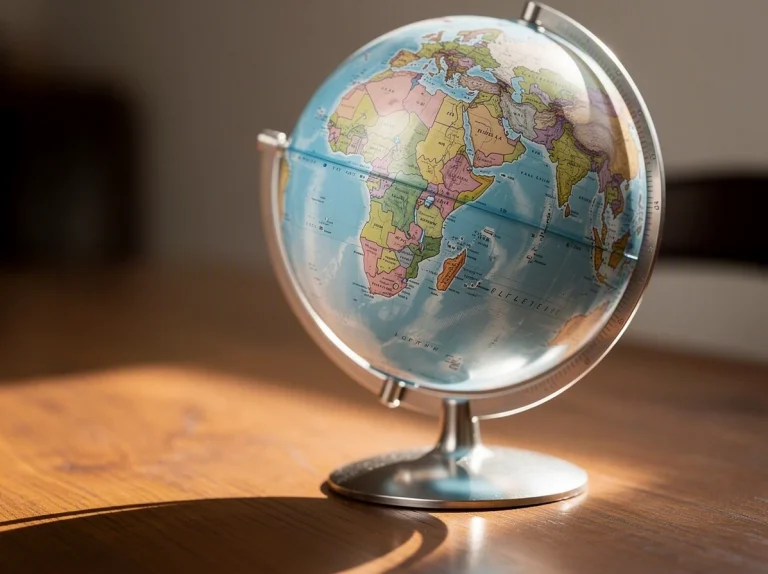 Globo terráqueo sobre una mesa de madera iluminada