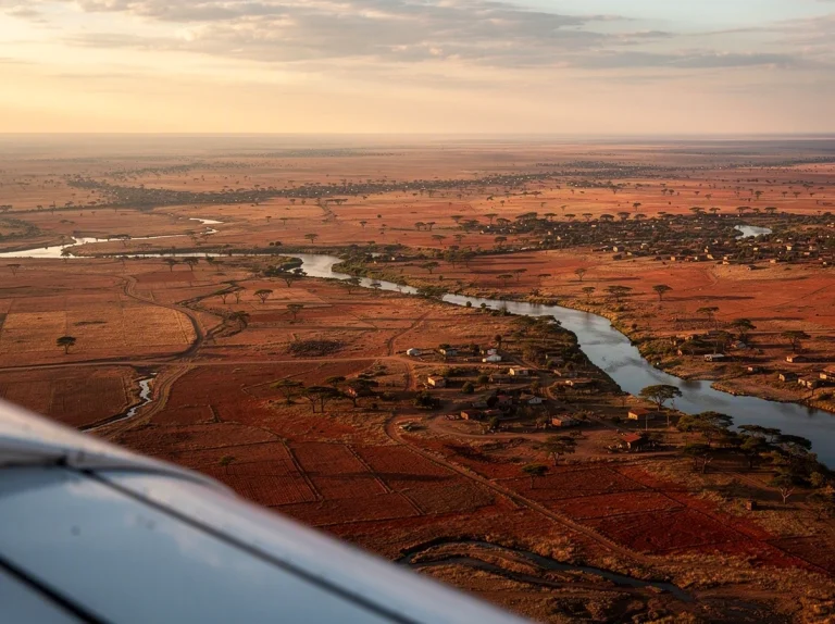 Vista aérea de un paisaje africano con ríos y campos secos