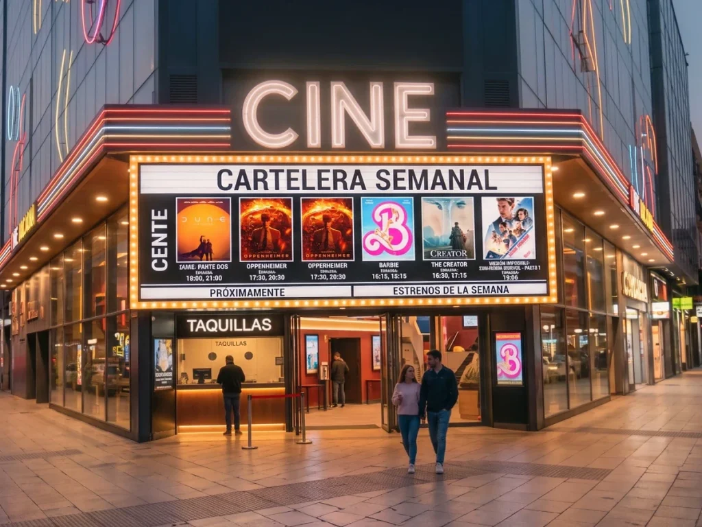 Fachada de cine con cartelera semanal y personas entrando.