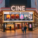 Fachada de cine con cartelera semanal y personas entrando.