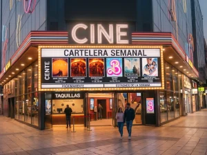 Fachada de cine y cartelera semanal