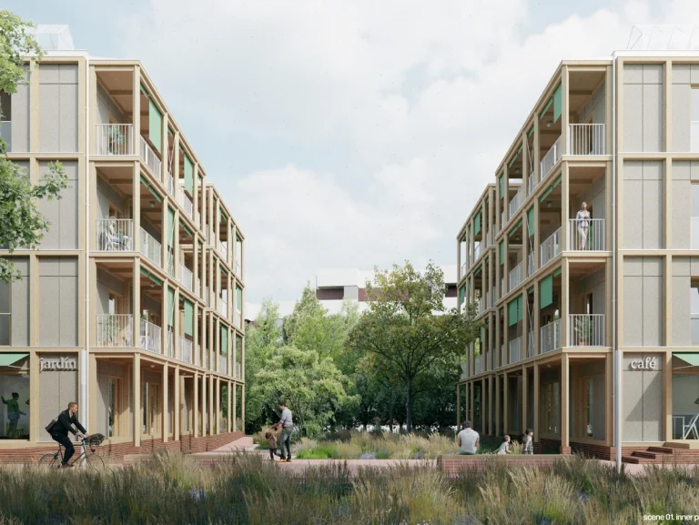Edificios de vivienda pública con diseño moderno y áreas verdes