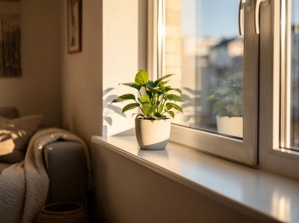 Planta en maceta sobre un alféizar iluminado por el sol