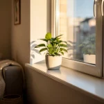 Planta en maceta sobre un alféizar iluminado por el sol