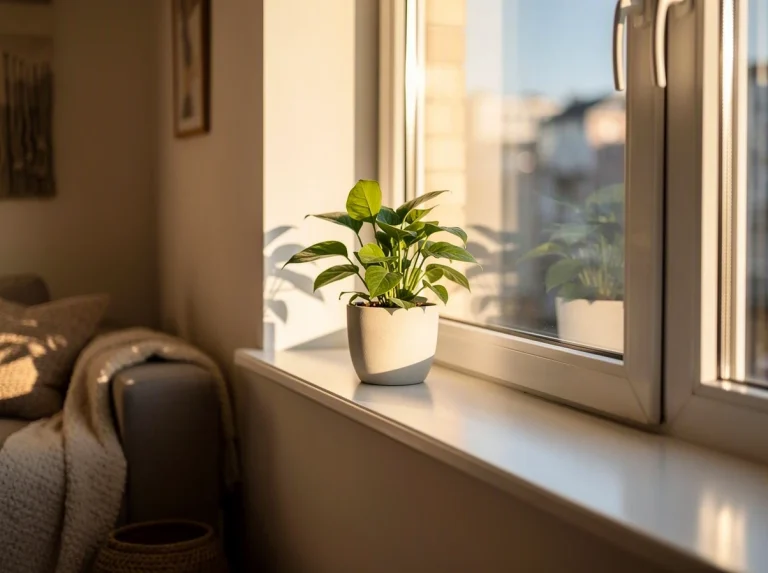Planta en maceta sobre un alféizar iluminado por el sol