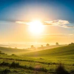 Paisaje de campo con sol brillante al amanecer
